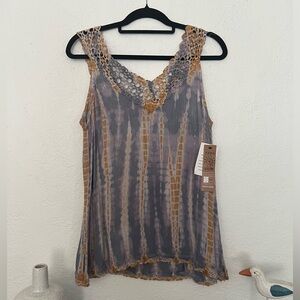 Raya Sun TieDye crochet borders 60% Cotton 40% Rayon woman’s sleeveless top